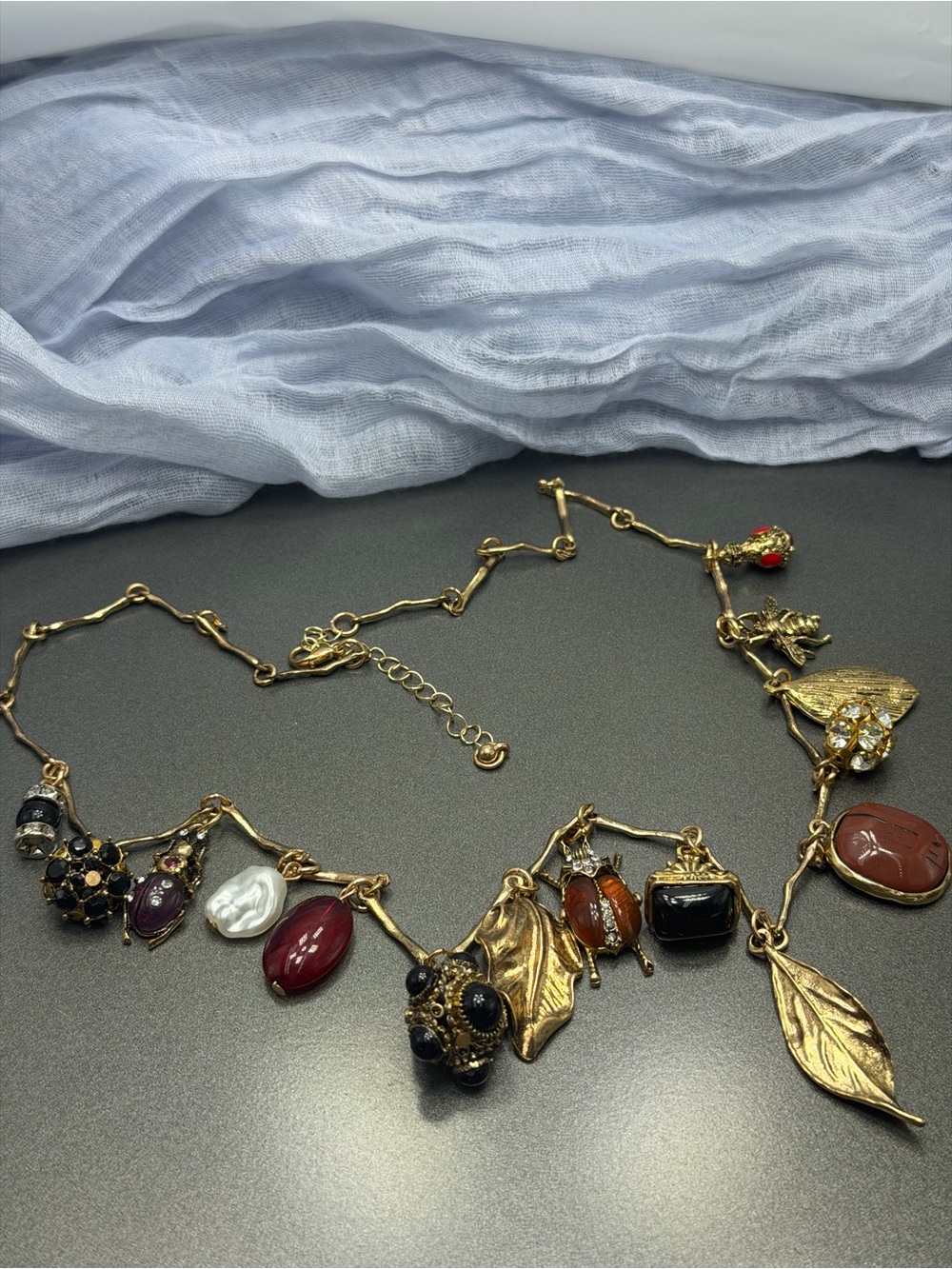 Vintage Beetle and Leaves Charm Necklace